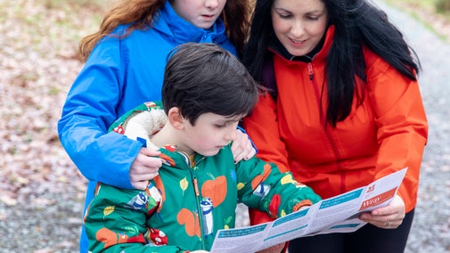 A family of three, dressed for an autumnal walk, gather around a trail sheet